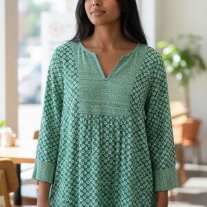 Kim Rogers Petite Green White Abstract V-Neck 3/4 Sleeve Blouse Size PM